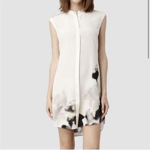 AllSaints 100% Silk Cream/Black Luna Aura Shirt Sleeveless  Button Dress Size 6 - Picture 1 of 12